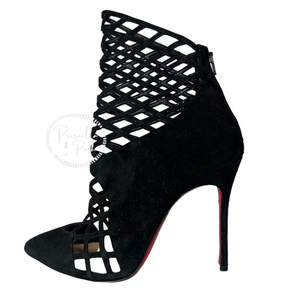 Christian Louboutin Black Suede Pointed Toe Ankle Boots Cutout Stiletto Heel 37 - Picture 16 of 16